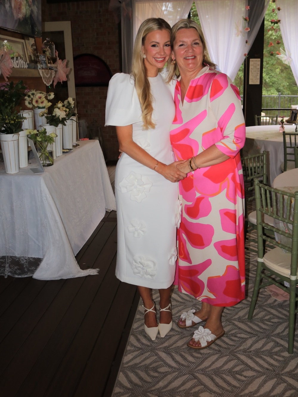 White Floral Appliqué Midi Dress with Puff Sleeves